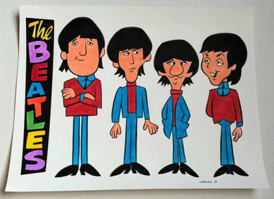 Image of THE BEATLES! 11x14 ORIGINAL ARTWORK! 1965 TV CARTOON! JOHN, PAUL, GEORGE, and RINGO!