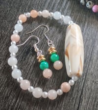 Image 1 of Pink Aventurine natural stone beaded bracelet and earring jewelry set 