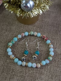 Image 2 of Teal and tan natural stone beaded bracelet and earring jewelry set 