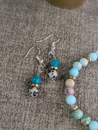 Image 3 of Teal and tan natural stone beaded bracelet and earring jewelry set 