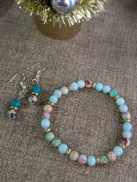 Image 1 of Teal and tan natural stone beaded bracelet and earring jewelry set 