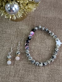 Image 1 of Dalmatian natural stone beaded bracelet and earring jewelry set 