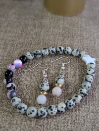 Image 2 of Dalmatian natural stone beaded bracelet and earring jewelry set 