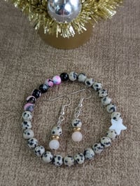 Image 3 of Dalmatian natural stone beaded bracelet and earring jewelry set 