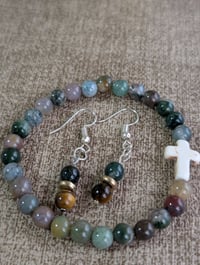 Image 1 of Indian Agate natural stone beaded bracelet and earring jewelry set 