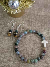 Image 2 of Indian Agate natural stone beaded bracelet and earring jewelry set 