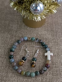 Image 4 of Indian Agate natural stone beaded bracelet and earring jewelry set 