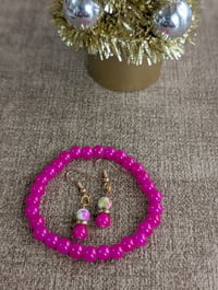 Image 3 of Hot pink beaded bracelet and earring jewelry set 