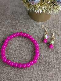 Image 1 of Hot pink beaded bracelet and earring jewelry set 