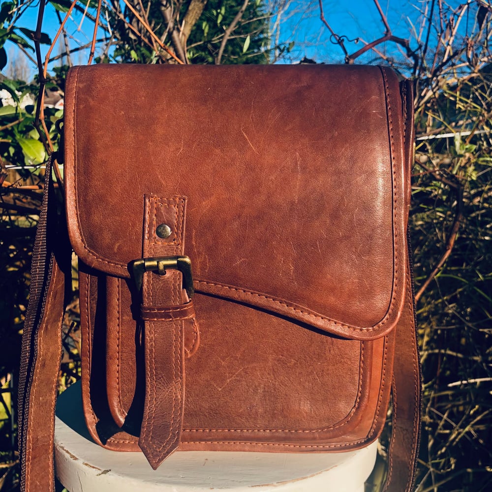 Image of Handmade Leather ManBag Rustic Brown Buffalo -Shaped Front