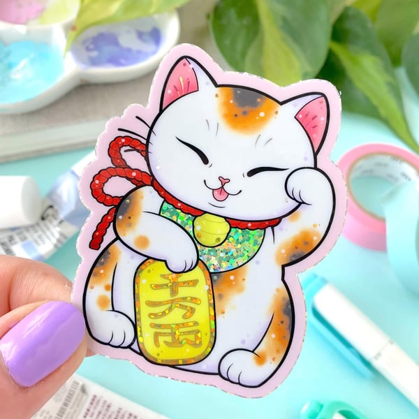 Image of GLITTER Lucky Cat STICKER