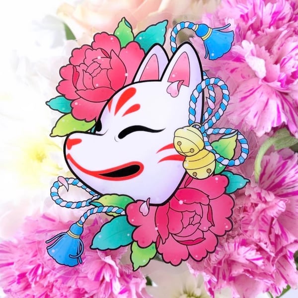 Image of CLEAR Kitsune Mask & Peonies STICKER
