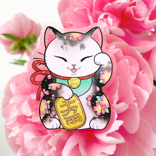 Image of CLEAR Lucky Cat & Sakura STICKER