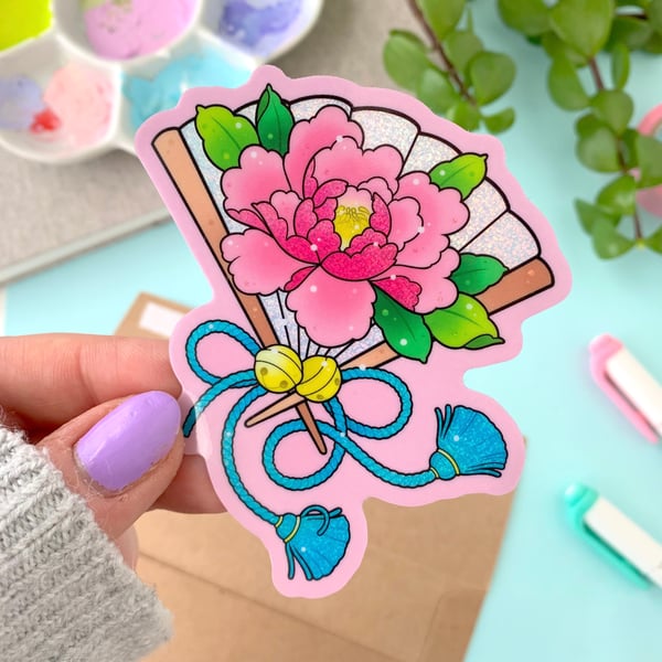 Image of GLITTER Japanese Fan with Peony STICKER