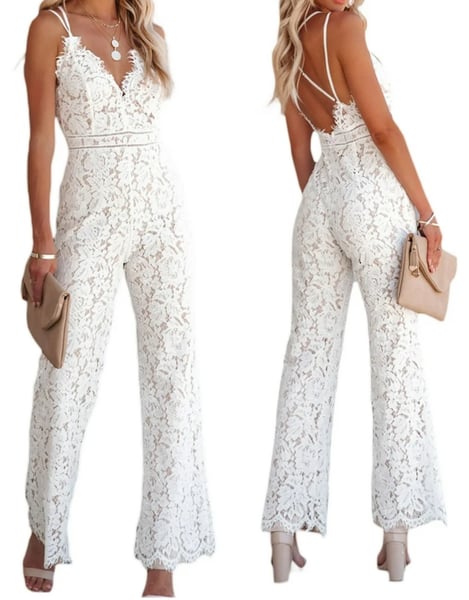 Image of Lace Romper Jumpsuit Wide Leg Strappy White Womens Size XL (Runs Small) - Free Shipping