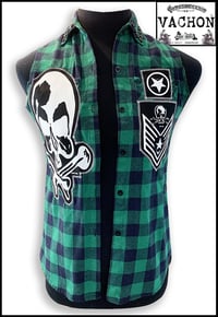 Image 2 of Marc Vachon Custom Green sleeveless Flannel shirt Size Small