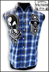 Image 2 of Marc Vachon Custom Blue sleeveless Flannel shirt Size Large