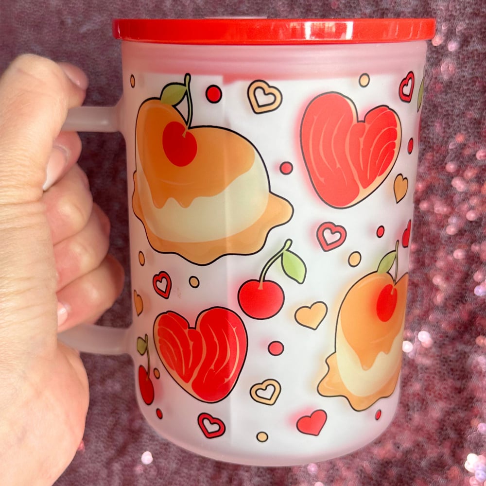 Image of Cherry Flan 17oz Glass Mug🍮🍒