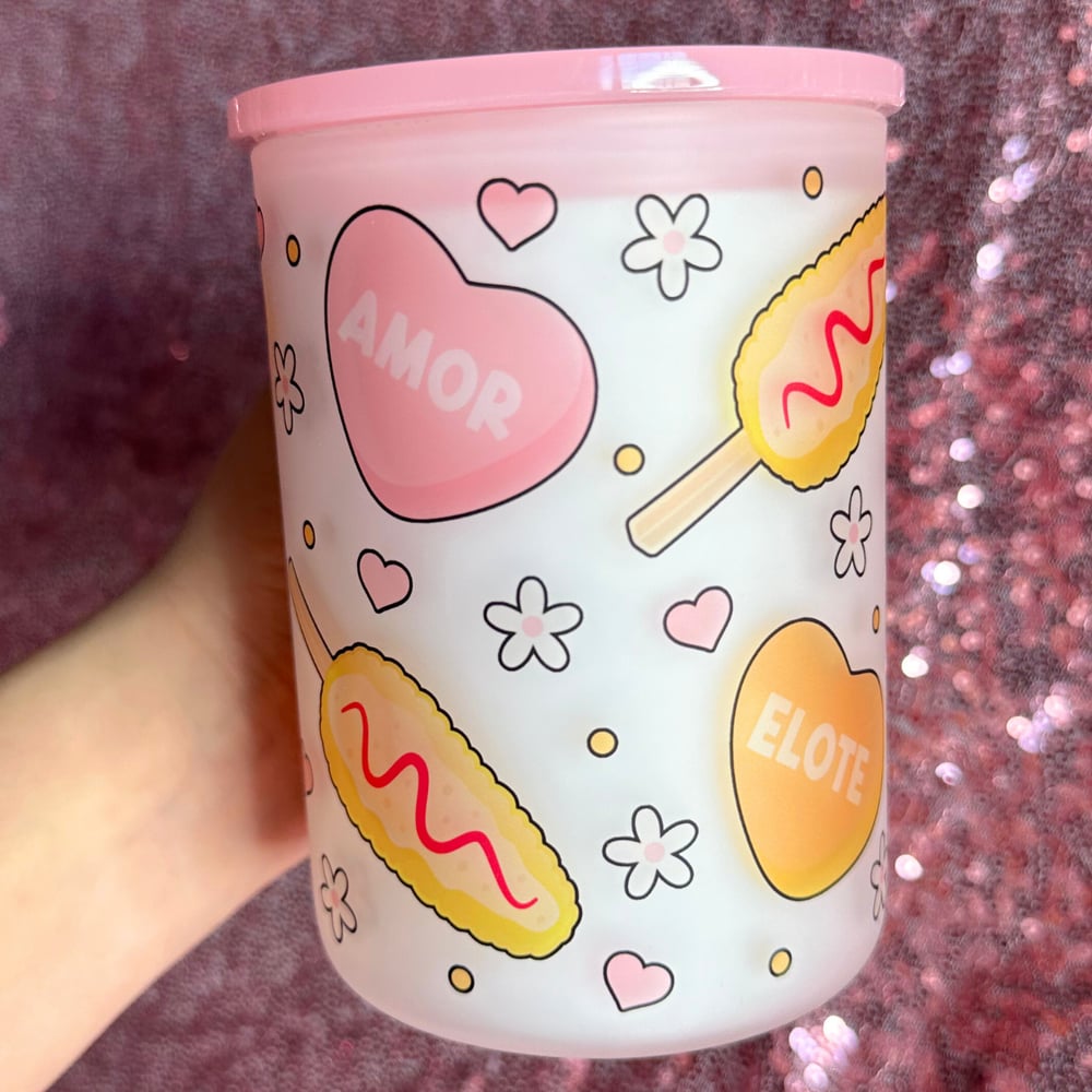 Image of Elotes y Amor 17oz Glass Mug🌽💕