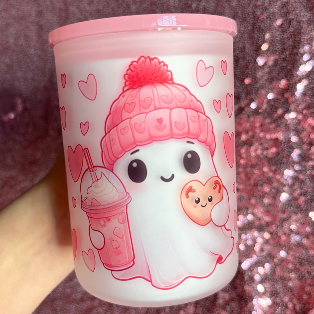 Image of Pink Valentine Ghost 17oz Glass Mug👻💖