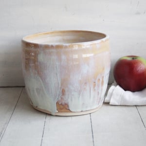 Image of Rustic Utensil Holder in Dripping White and Ocher Glaze, Ceramic Crock Made in USA