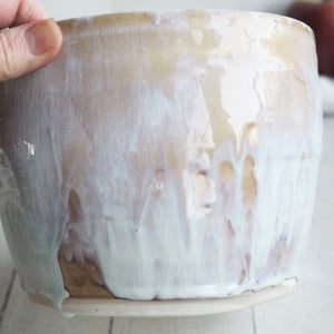 Image of Rustic Utensil Holder in Dripping White and Ocher Glaze, Ceramic Crock Made in USA