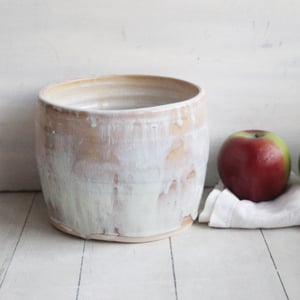 Image of Rustic Utensil Holder in Dripping White and Ocher Glaze, Ceramic Crock Made in USA