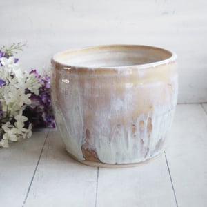 Image of Rustic Utensil Holder in Dripping White and Ocher Glaze, Ceramic Crock Made in USA