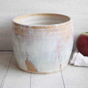 Image of Rustic Utensil Holder in Dripping White and Ocher Glaze, Ceramic Crock Made in USA