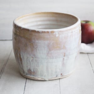 Image of Rustic Utensil Holder in Dripping White and Ocher Glaze, Ceramic Crock Made in USA