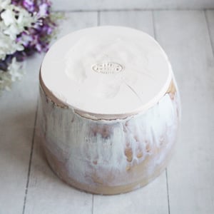 Image of Rustic Utensil Holder in Dripping White and Ocher Glaze, Ceramic Crock Made in USA