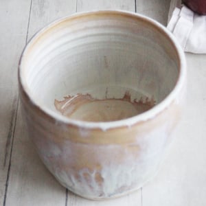 Image of Rustic Utensil Holder in Dripping White and Ocher Glaze, Ceramic Crock Made in USA