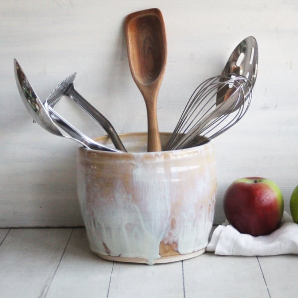 Image of Rustic Utensil Holder in Dripping White and Ocher Glaze, Ceramic Crock Made in USA