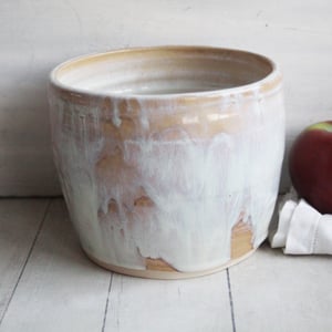 Image of Rustic Utensil Holder in Dripping White and Ocher Glaze, Ceramic Crock Made in USA