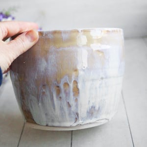 Image of Rustic Utensil Holder in Dripping White and Ocher Glaze, Ceramic Crock Made in USA