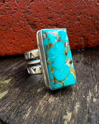 Image 1 of WL&A Handmade Ingot Three Row Patagonia Turquoise Ring - Size 9