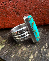 Image 4 of WL&A Handmade Ingot Three Row Patagonia Turquoise Ring - Size 9