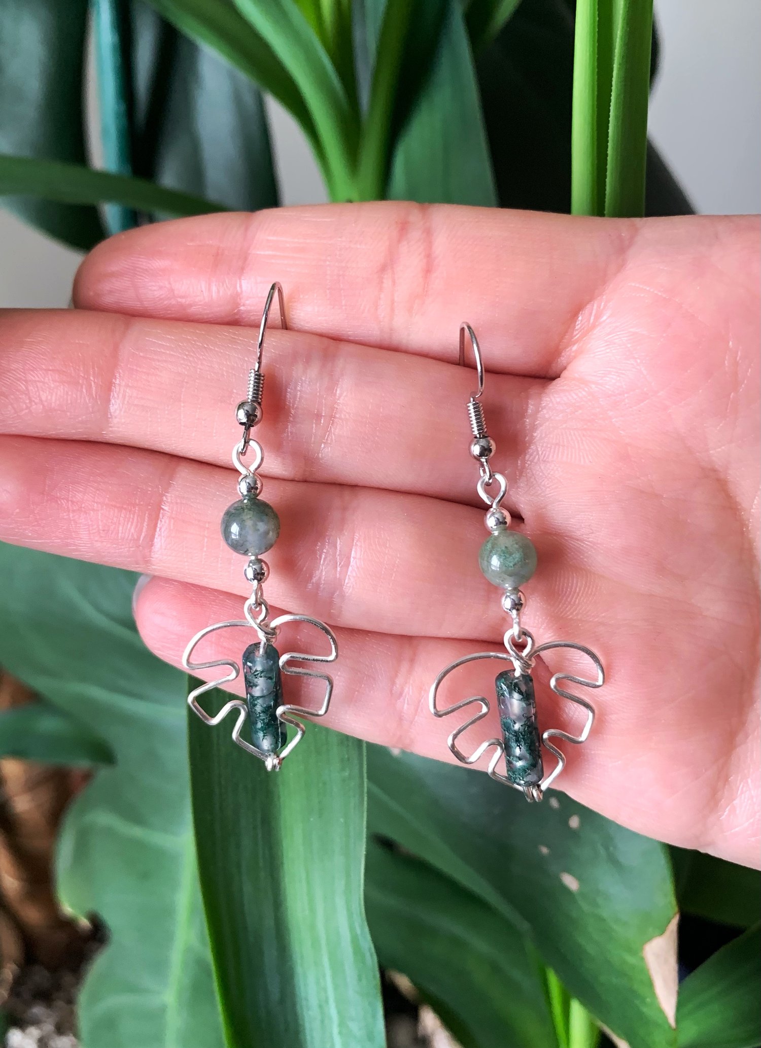 Moss Agate Monstera Leaf Earrings