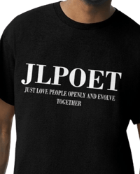 Black JLPOET shirt with white text