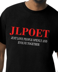 Black JLPOET shirt with red and white text