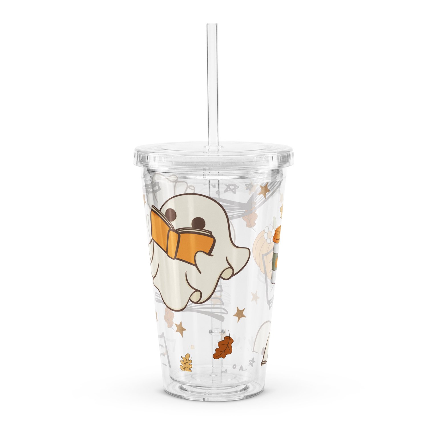 Image of Autumn reading ghosts Clear plastic tumbler