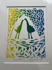 Blue and Yellow kissing birds (framed with a white mount)