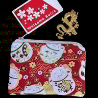 Image 1 of Japanese Lucky Cat and Sakura Zippered Coin Purse 