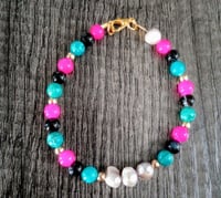 Image 1 of Hot pink, black and teal handmade freshwater pearl beaded bracelet 