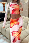 Red and white long sleeve floral skirt set 