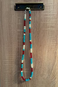 Image 1 of Turquoise Blue, Red, and White Glass Bead Necklace with Sterling Silver Clasp