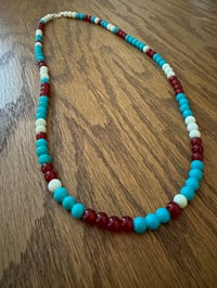 Image 2 of Turquoise Blue, Red, and White Glass Bead Necklace with Sterling Silver Clasp