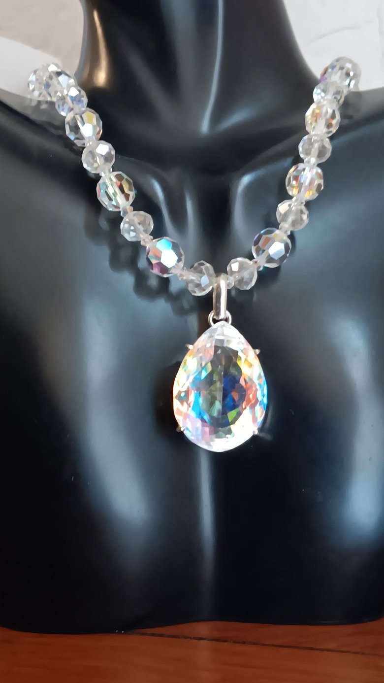 Image of 67 CARAT RARE MYSTIC TOPAZ PENDANT WITH LARGE AND MINIATURE SWAROVSKI CRYSTAL BEADS