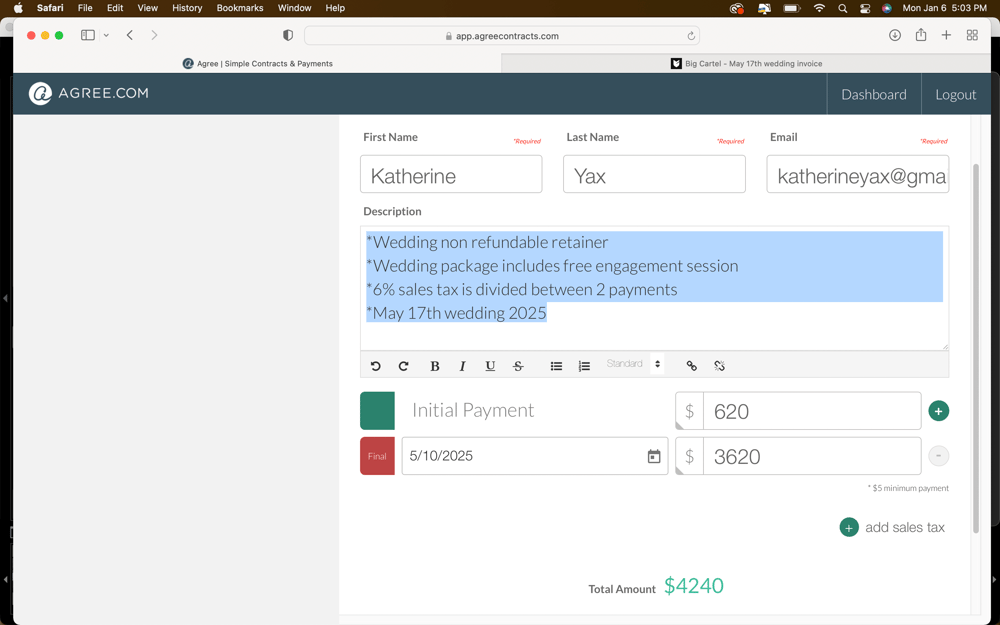 Image of May 17th wedding invoice