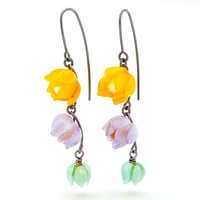 Image 2 of Art Glass Earrings: Three-Tiered Blooms in Bright Yellow, Pale Lavender & Light Teal